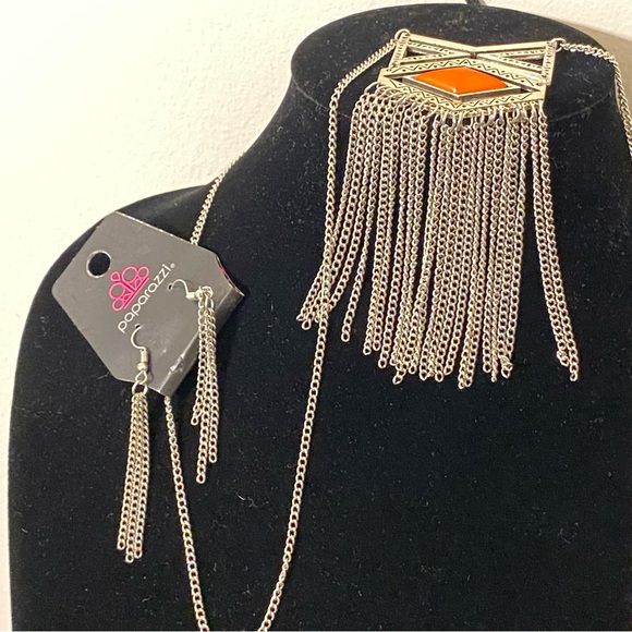 NWT Paparazzi Tribal By Fire Orange Long Chain Necklace and Earrings Set - Picture 9 of 11